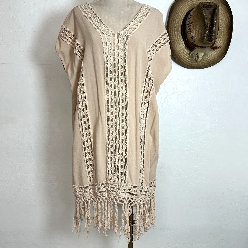 Boho Me Tan Rayon Crochet Inset Tassel Fringe V-Neck Dress Cover Up Medium M